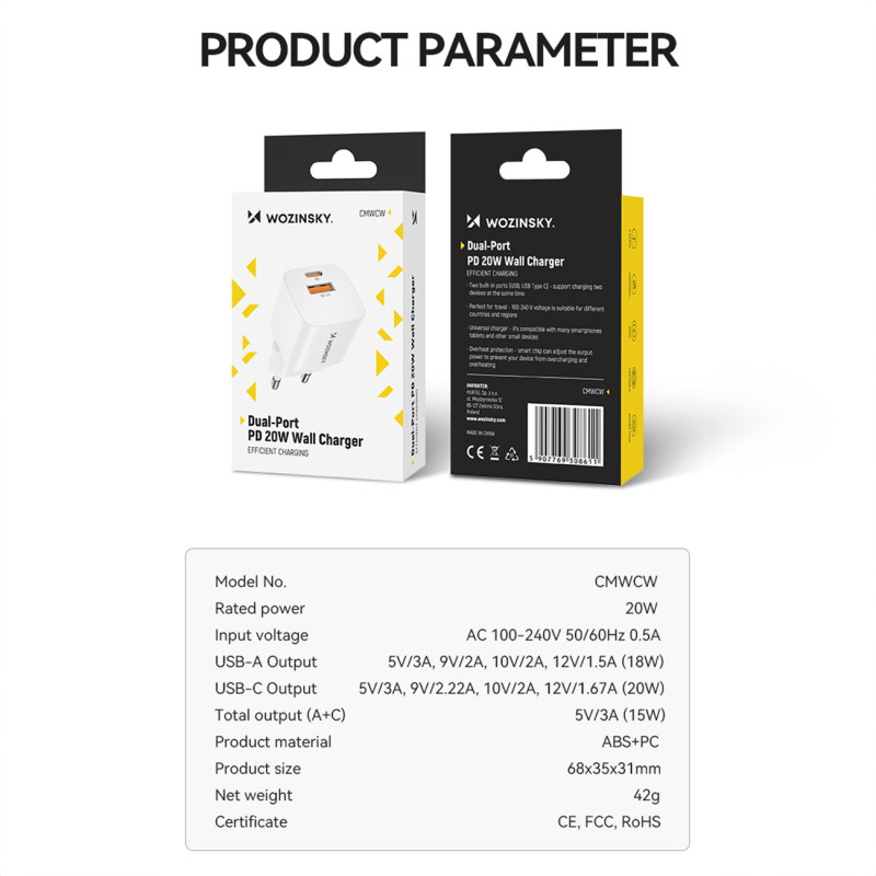 Wozinsky CMWCW 20W USB-C / USB-A sieninis įkroviklis - baltas