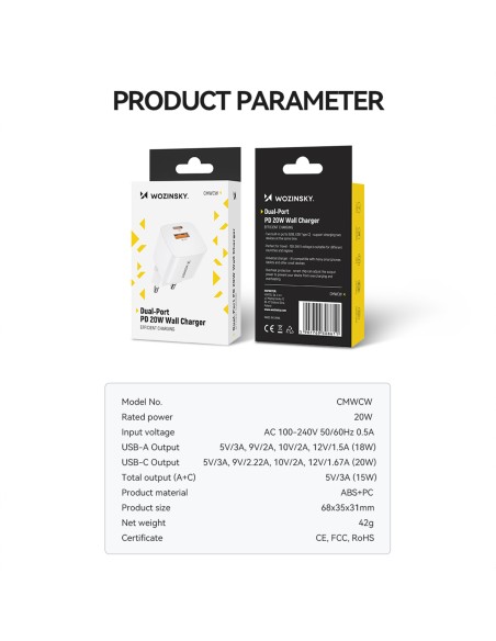 Wozinsky CMWCW 20W USB-C / USB-A sieninis įkroviklis - baltas