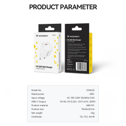 Wozinsky CMWCS USB-C PD 20W sieninis įkroviklis - baltas