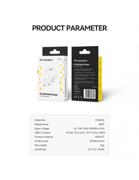 Wozinsky CMWCS USB-C PD 20W sieninis įkroviklis - baltas Wozinsky CMWCS USB-C PD 20W sieninis įkroviklis - baltas