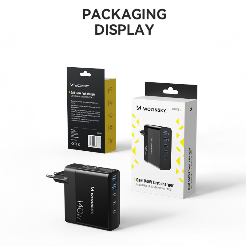 Wozinsky CGWCB 140W GaN sieninis įkroviklis 3 x USB-C / 2 x USB-A - juodas