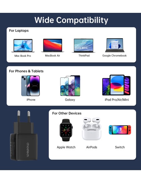 Choetech PD6051 USB-C USB-C PD 35W GaN sieninis įkroviklis su ekranu - juodas