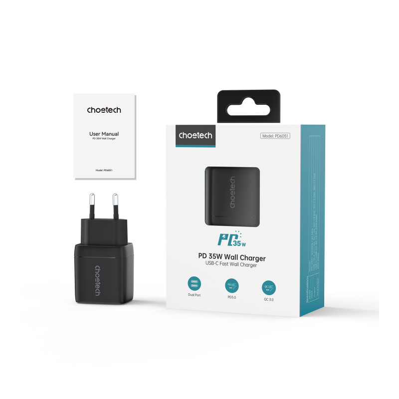 Choetech PD6051 USB-C USB-C PD 35W GaN sieninis įkroviklis su ekranu - juodas