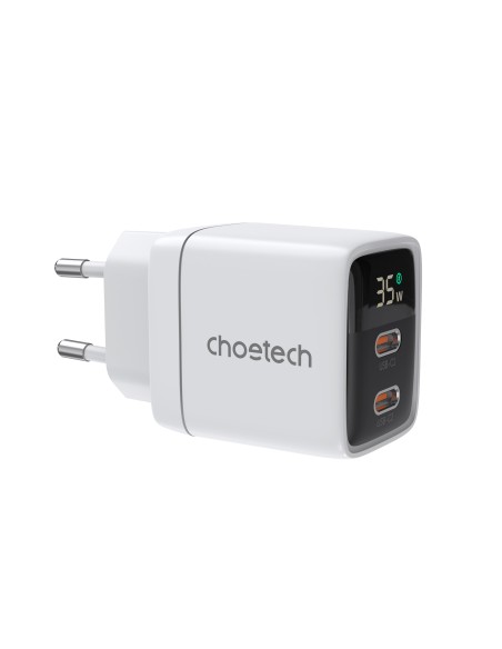 Choetech PD6051 2x USB-C PD 35W GaN sieninis įkroviklis su ekranu - baltas Choetech PD6051 2x USB-C PD 35W GaN sieninis įkroviklis su ekranu - baltas