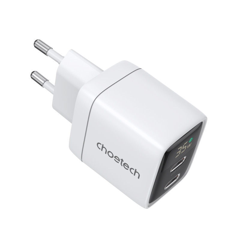 Choetech PD6051 2x USB-C PD 35W GaN sieninis įkroviklis su ekranu - baltas