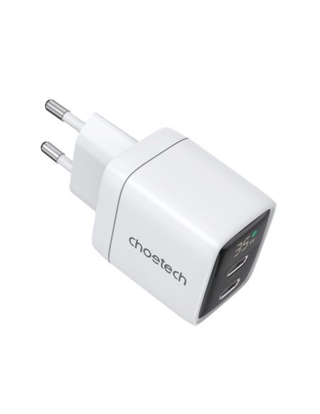 Choetech PD6051 2x USB-C PD 35W GaN sieninis įkroviklis su ekranu - baltas Choetech PD6051 2x USB-C PD 35W GaN sieninis įkroviklis su ekranu - baltas
