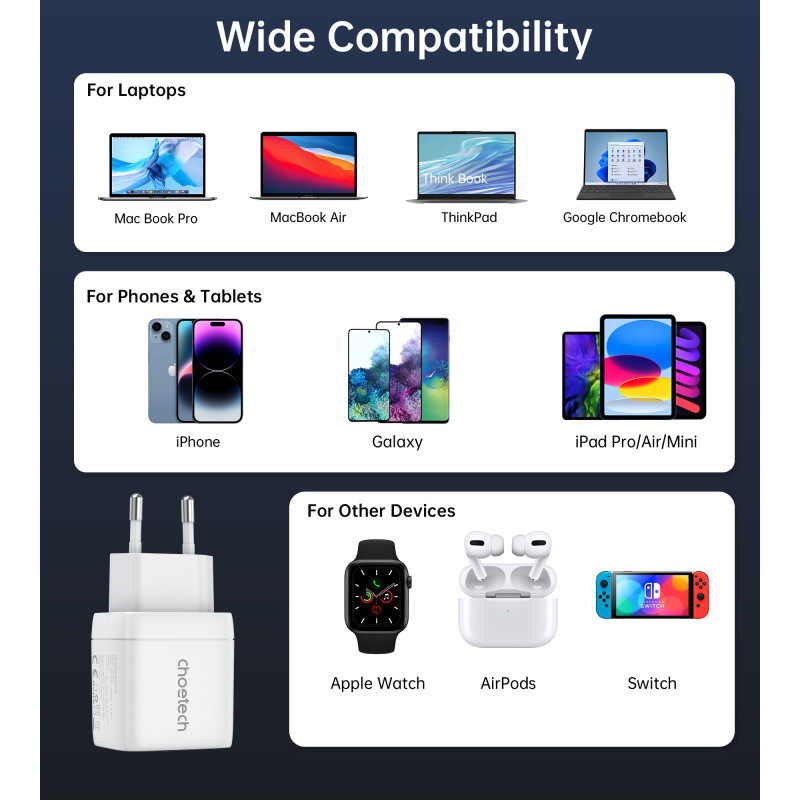 Choetech PD6051 2x USB-C PD 35W GaN sieninis įkroviklis su ekranu - baltas