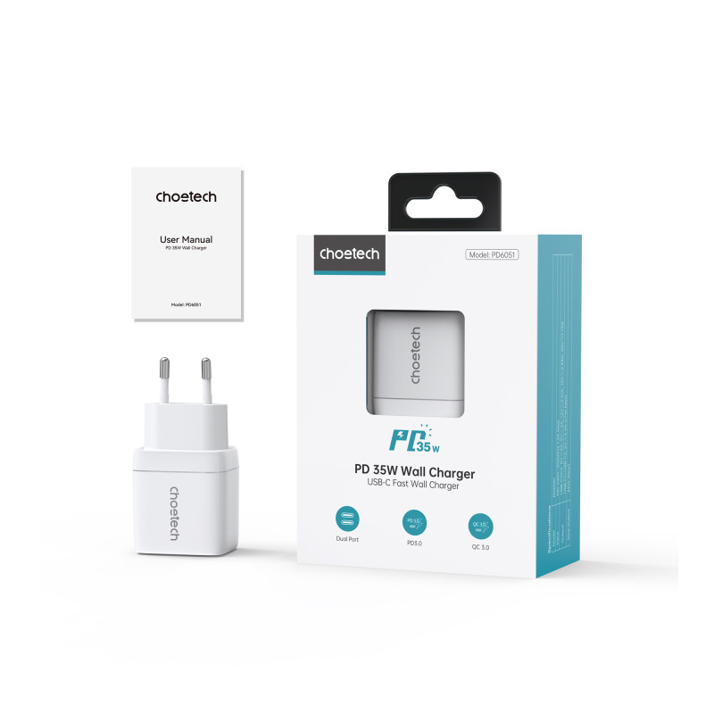 Choetech PD6051 2x USB-C PD 35W GaN sieninis įkroviklis su ekranu - baltas