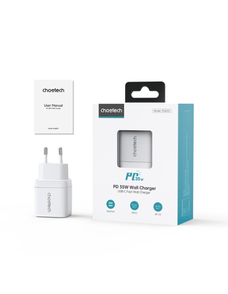 Choetech PD6051 2x USB-C PD 35W GaN sieninis įkroviklis su ekranu - baltas Choetech PD6051 2x USB-C PD 35W GaN sieninis įkroviklis su ekranu - baltas