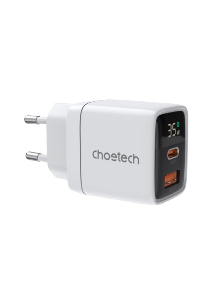 Choetech PD6052 USB-C USB-A PD 35W GaN sieninis įkroviklis su ekranu - baltas Choetech PD6052 USB-C USB-A PD 35W GaN sieninis įkroviklis su ekranu - baltas