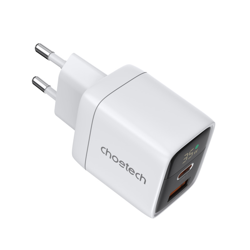Choetech PD6052 USB-C USB-A PD 35W GaN sieninis įkroviklis su ekranu - baltas