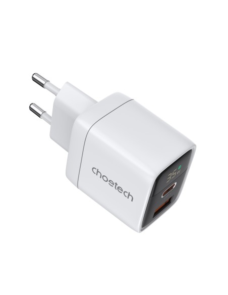 Choetech PD6052 USB-C USB-A PD 35W GaN sieninis įkroviklis su ekranu - baltas Choetech PD6052 USB-C USB-A PD 35W GaN sieninis įkroviklis su ekranu - baltas