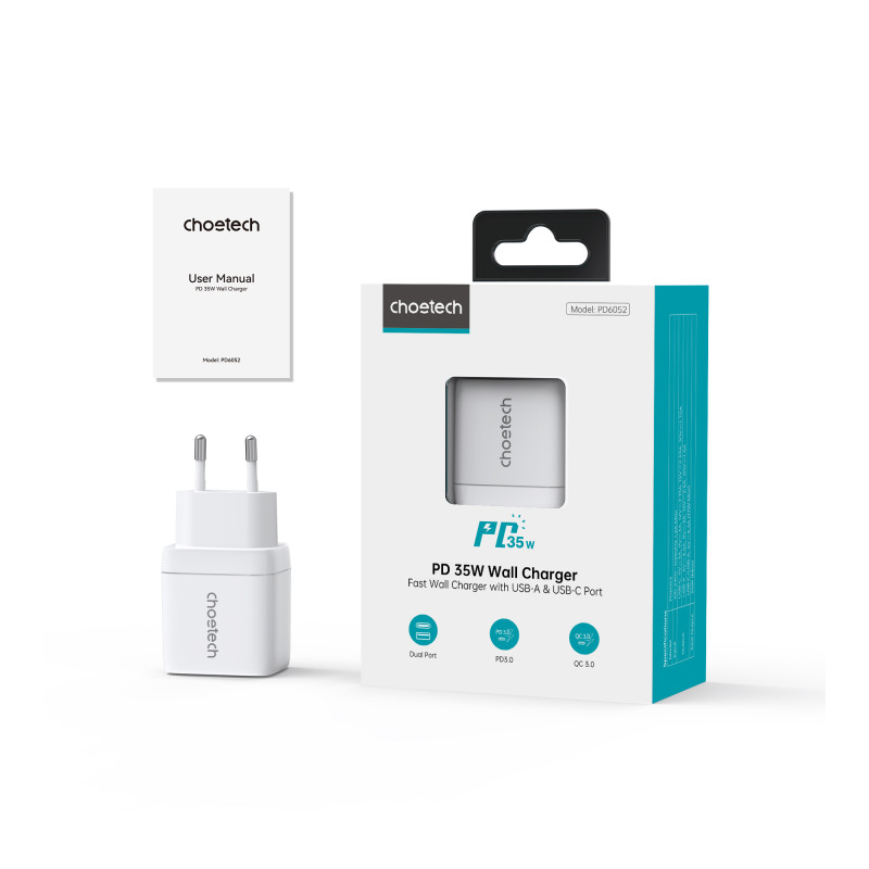 Choetech PD6052 USB-C USB-A PD 35W GaN sieninis įkroviklis su ekranu - baltas