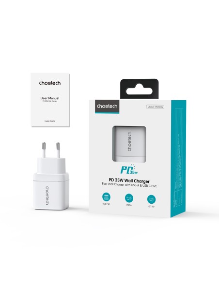 Choetech PD6052 USB-C USB-A PD 35W GaN sieninis įkroviklis su ekranu - baltas Choetech PD6052 USB-C USB-A PD 35W GaN sieninis įkroviklis su ekranu - baltas