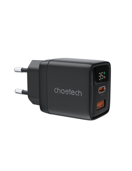 Choetech PD6052 USB-C USB-A PD 35W GaN sieninis įkroviklis su ekranu - juodas