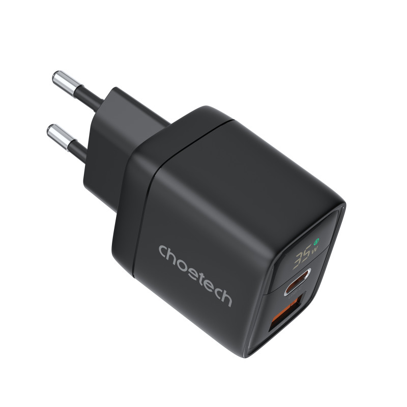 Choetech PD6052 USB-C USB-A PD 35W GaN sieninis įkroviklis su ekranu - juodas