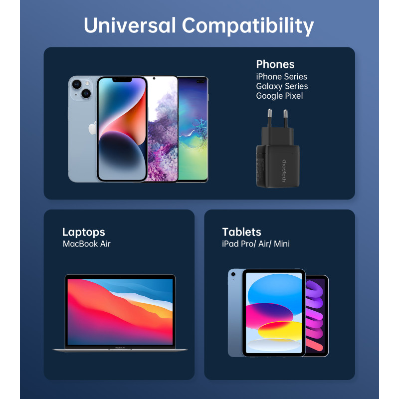 Choetech PD6052 USB-C USB-A PD 35W GaN sieninis įkroviklis su ekranu - juodas