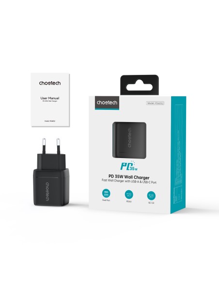 Choetech PD6052 USB-C USB-A PD 35W GaN sieninis įkroviklis su ekranu - juodas