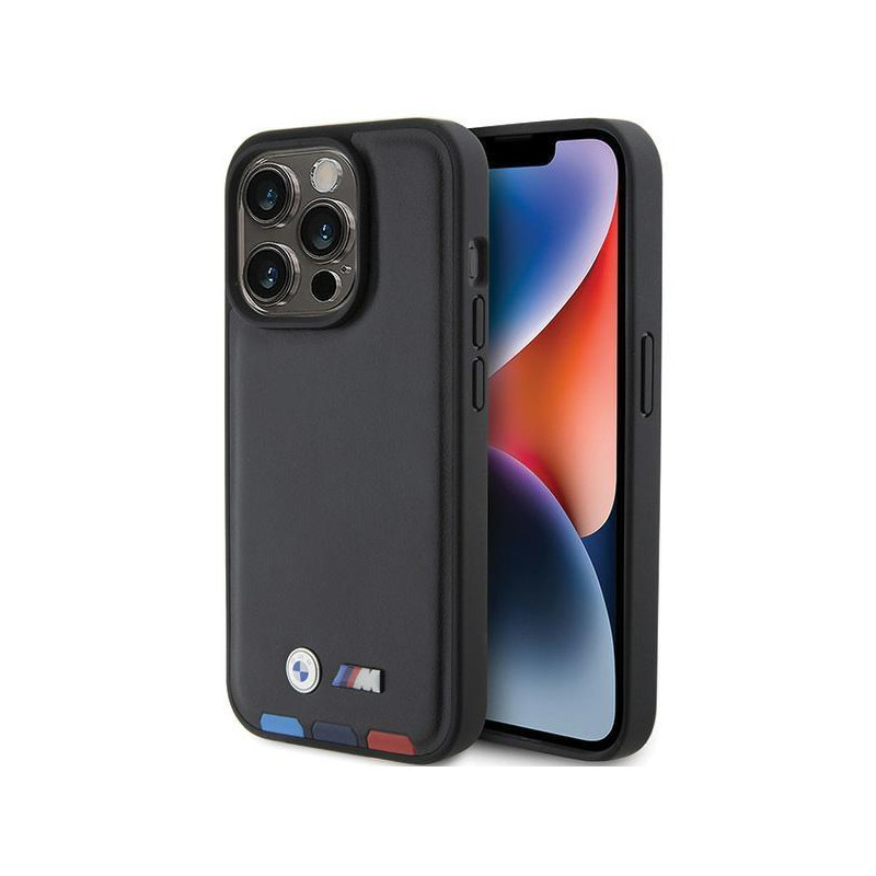 BMW Leather Stamp Tricolor dėklas iPhone 15 Pro - juodas