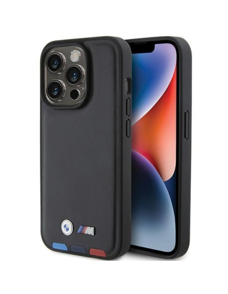 BMW Leather Stamp Tricolor dėklas iPhone 15 Pro - juodas BMW Leather Stamp Tricolor dėklas iPhone 15 Pro - juodas