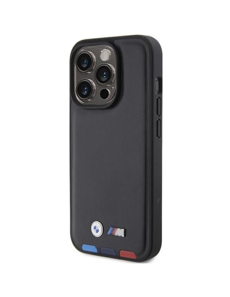 BMW Leather Stamp Tricolor dėklas iPhone 15 Pro - juodas BMW Leather Stamp Tricolor dėklas iPhone 15 Pro - juodas