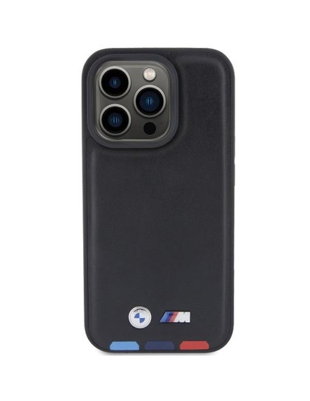 BMW Leather Stamp Tricolor dėklas iPhone 15 Pro - juodas BMW Leather Stamp Tricolor dėklas iPhone 15 Pro - juodas