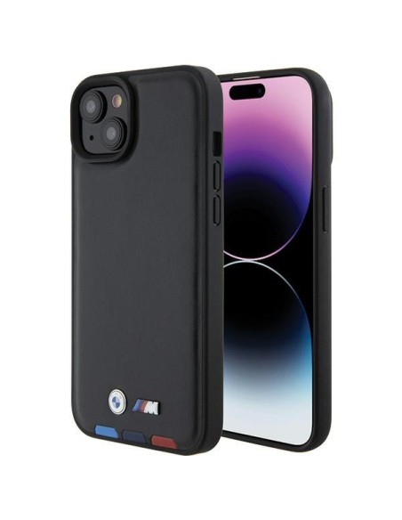 BMW Leather Stamp Tricolor dėklas iPhone 15 Plus - juodas BMW Leather Stamp Tricolor dėklas iPhone 15 Plus - juodas
