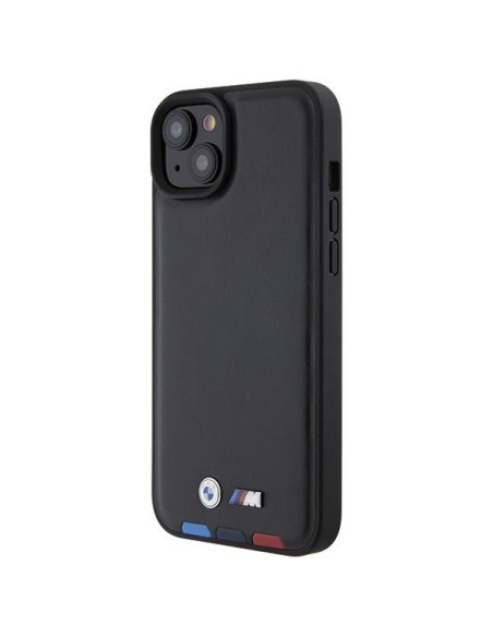 BMW Leather Stamp Tricolor dėklas iPhone 15 Plus - juodas BMW Leather Stamp Tricolor dėklas iPhone 15 Plus - juodas