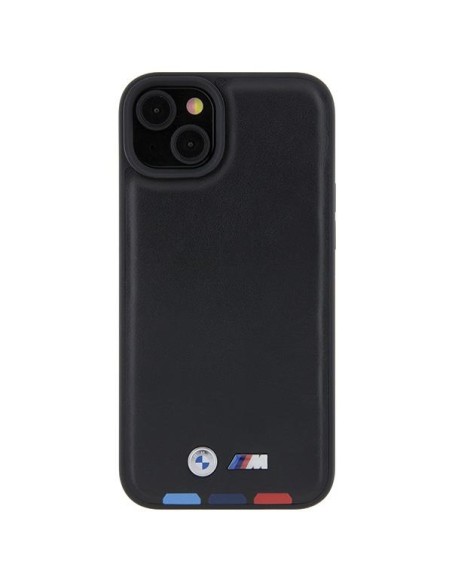 BMW Leather Stamp Tricolor dėklas iPhone 15 Plus - juodas BMW Leather Stamp Tricolor dėklas iPhone 15 Plus - juodas