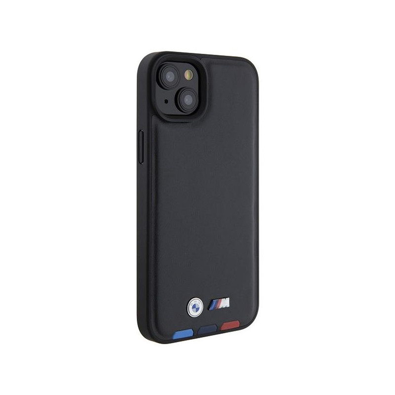 BMW Leather Stamp Tricolor dėklas iPhone 15 Plus - juodas