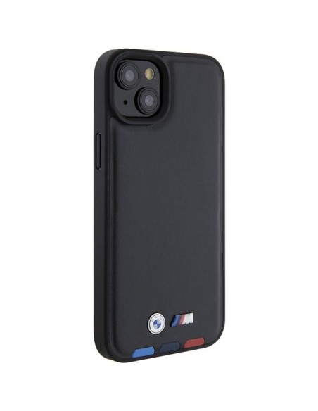 BMW Leather Stamp Tricolor dėklas iPhone 15 Plus - juodas BMW Leather Stamp Tricolor dėklas iPhone 15 Plus - juodas