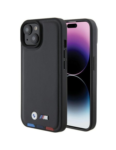 BMW Leather Stamp Tricolor dėklas iPhone 15 - juodas BMW Leather Stamp Tricolor dėklas iPhone 15 - juodas