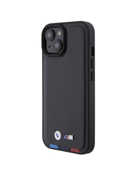 BMW Leather Stamp Tricolor dėklas iPhone 15 - juodas BMW Leather Stamp Tricolor dėklas iPhone 15 - juodas