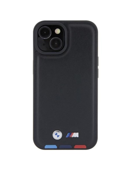 BMW Leather Stamp Tricolor dėklas iPhone 15 - juodas BMW Leather Stamp Tricolor dėklas iPhone 15 - juodas