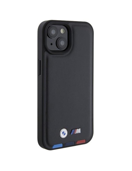 BMW Leather Stamp Tricolor dėklas iPhone 15 - juodas BMW Leather Stamp Tricolor dėklas iPhone 15 - juodas