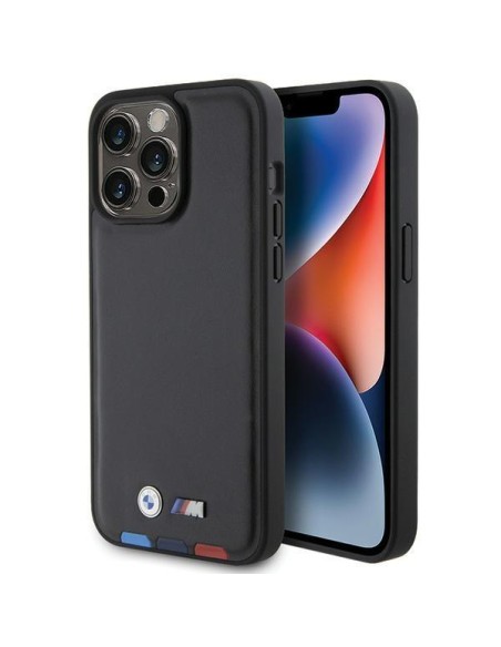 BMW Leather Stamp Tricolor dėklas iPhone 15 Pro Max - juodas BMW Leather Stamp Tricolor dėklas iPhone 15 Pro Max - juodas