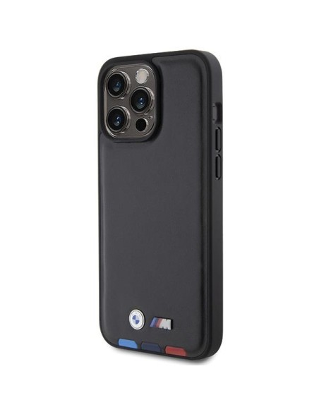 BMW Leather Stamp Tricolor dėklas iPhone 15 Pro Max - juodas BMW Leather Stamp Tricolor dėklas iPhone 15 Pro Max - juodas
