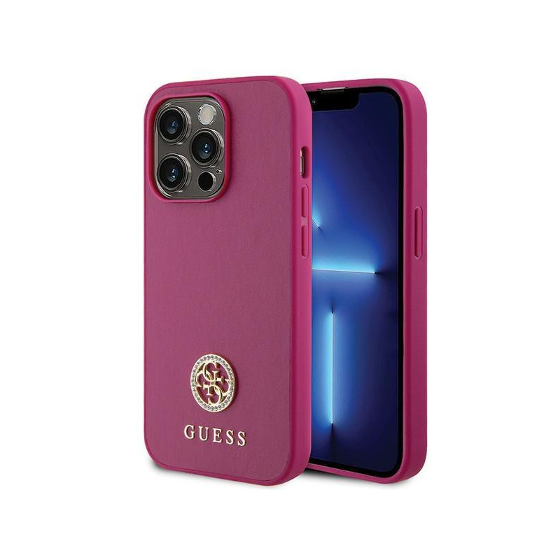 Guess Strass Metal Logo dėklas, skirtas iPhone 15 Pro - rožinis