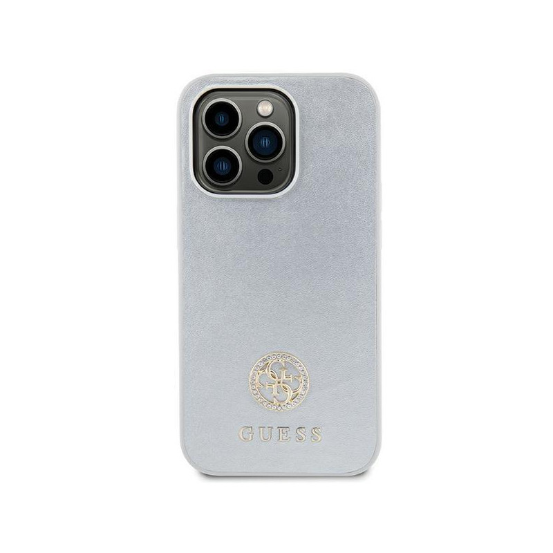 Guess Strass Metal Logo dėklas iPhone 15 - sidabrinis