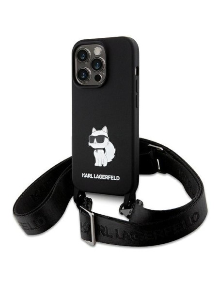 Karl Lagerfeld Crossbody Silicone Choupette dėklas iPhone 15 Pro - juodas Karl Lagerfeld Crossbody Silicone Choupette dėklas iPhone 15 Pro - juodas