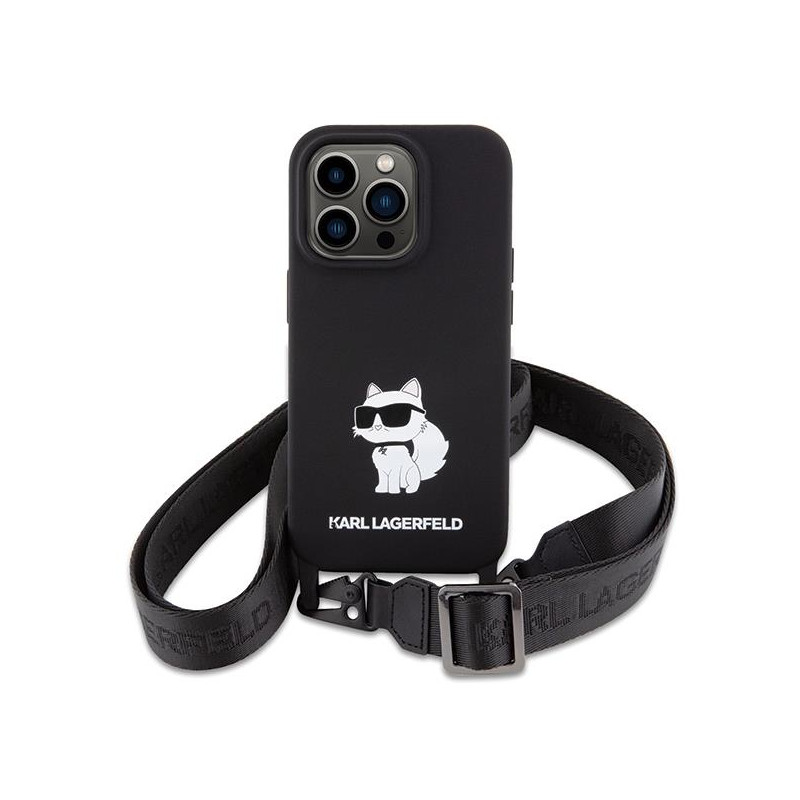 Karl Lagerfeld Crossbody Silicone Choupette dėklas iPhone 15 Pro - juodas