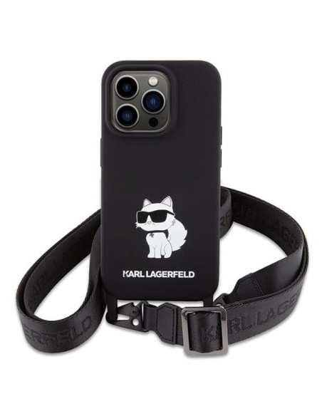 Karl Lagerfeld Crossbody Silicone Choupette dėklas iPhone 15 Pro - juodas Karl Lagerfeld Crossbody Silicone Choupette dėklas iPhone 15 Pro - juodas