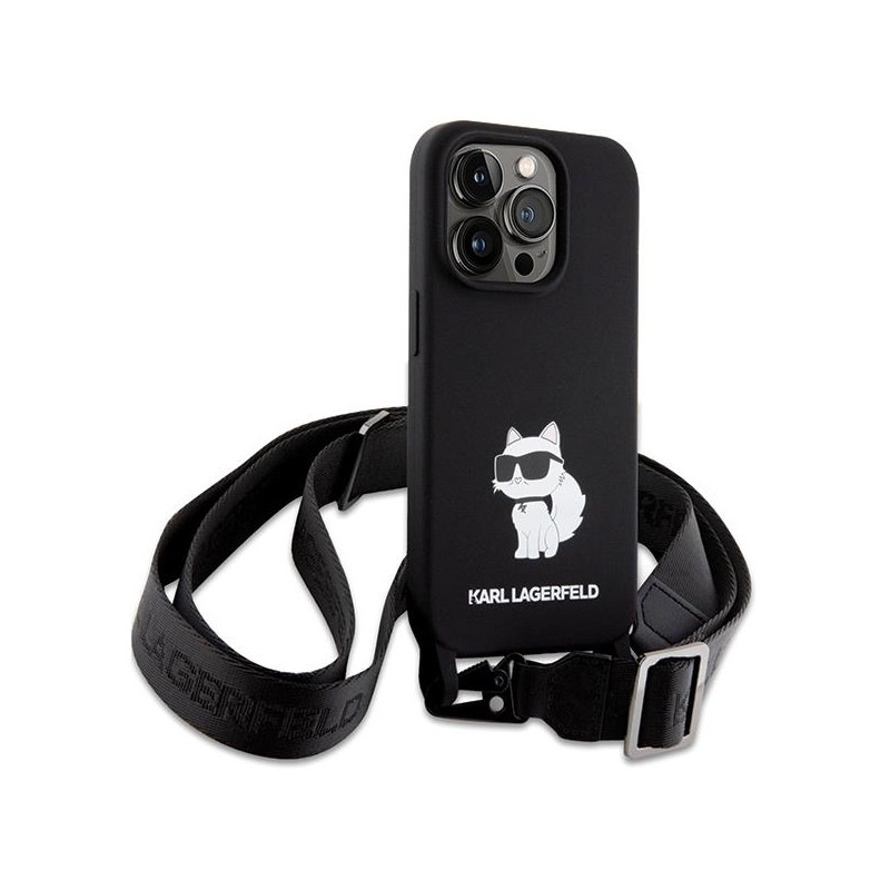 Karl Lagerfeld Crossbody Silicone Choupette dėklas iPhone 15 Pro - juodas
