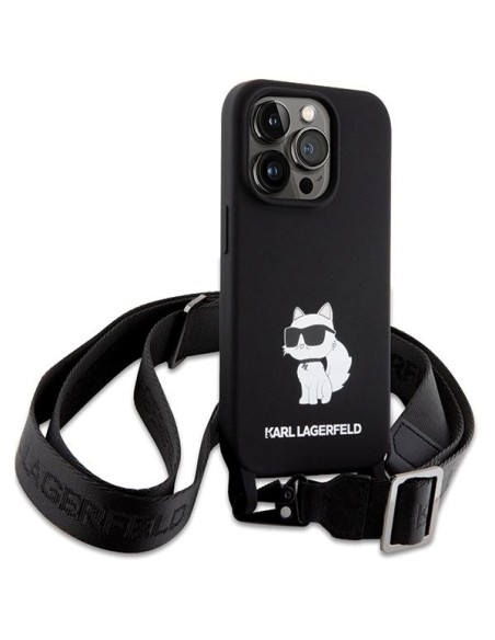 Karl Lagerfeld Crossbody Silicone Choupette dėklas iPhone 15 Pro - juodas Karl Lagerfeld Crossbody Silicone Choupette dėklas iPhone 15 Pro - juodas