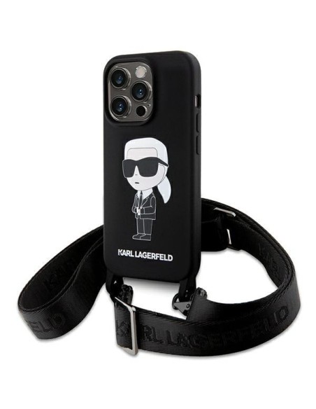 Karl Lagerfeld Crossbody Silicone Ikonik dėklas iPhone 15 Pro - juodas Karl Lagerfeld Crossbody Silicone Ikonik dėklas iPhone 15 Pro - juodas