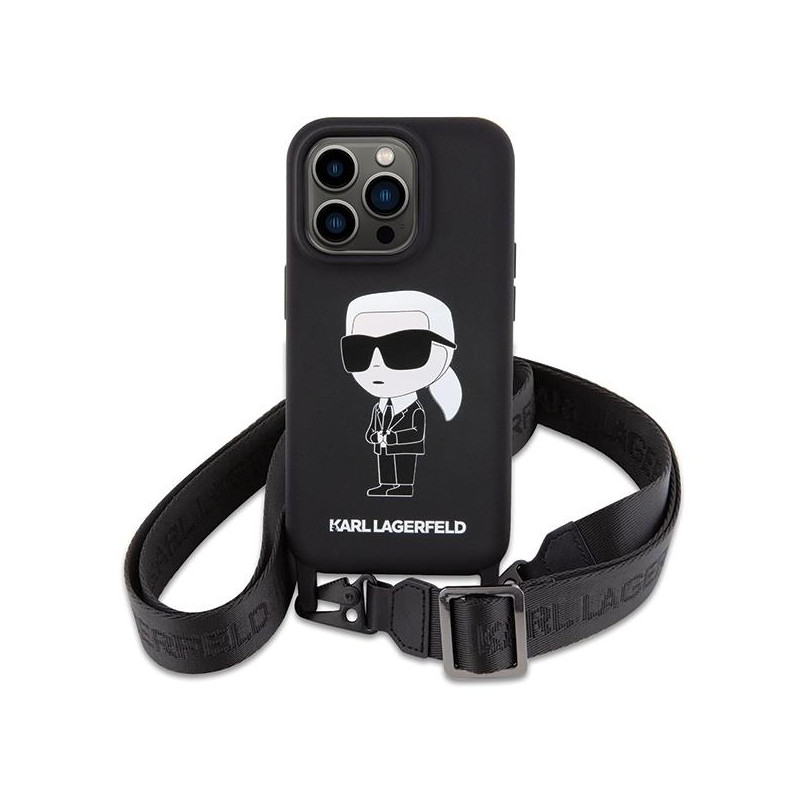 Karl Lagerfeld Crossbody Silicone Ikonik dėklas iPhone 15 Pro - juodas