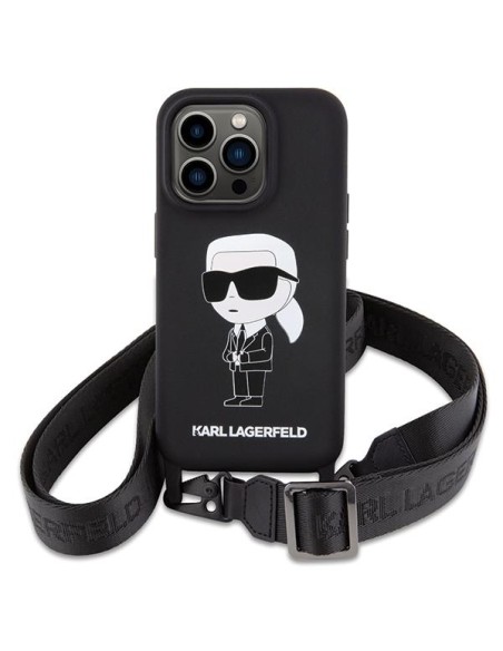 Karl Lagerfeld Crossbody Silicone Ikonik dėklas iPhone 15 Pro - juodas Karl Lagerfeld Crossbody Silicone Ikonik dėklas iPhone 15 Pro - juodas
