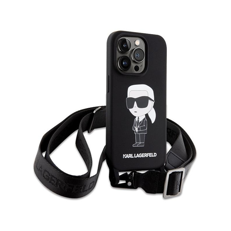 Karl Lagerfeld Crossbody Silicone Ikonik dėklas iPhone 15 Pro - juodas