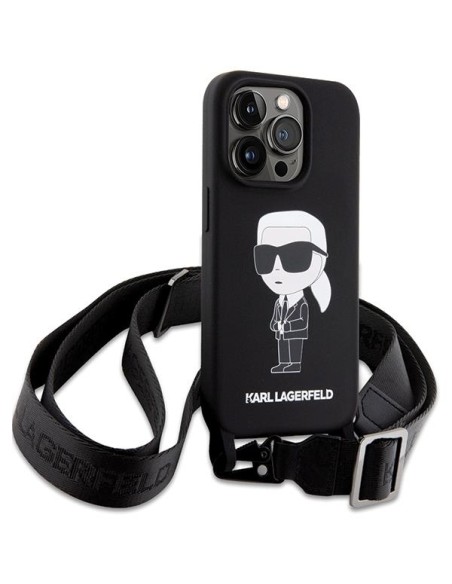 Karl Lagerfeld Crossbody Silicone Ikonik dėklas iPhone 15 Pro - juodas Karl Lagerfeld Crossbody Silicone Ikonik dėklas iPhone 15 Pro - juodas