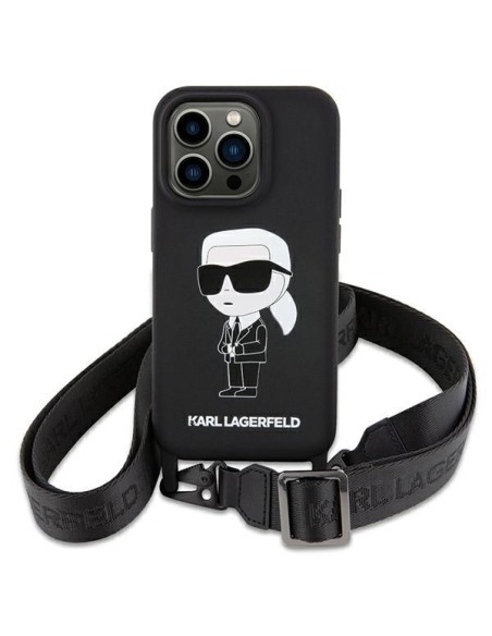 Karl Lagerfeld Crossbody Silicone Ikonik dėklas iPhone 15 - juodas Karl Lagerfeld Crossbody Silicone Ikonik dėklas iPhone 15 - juodas